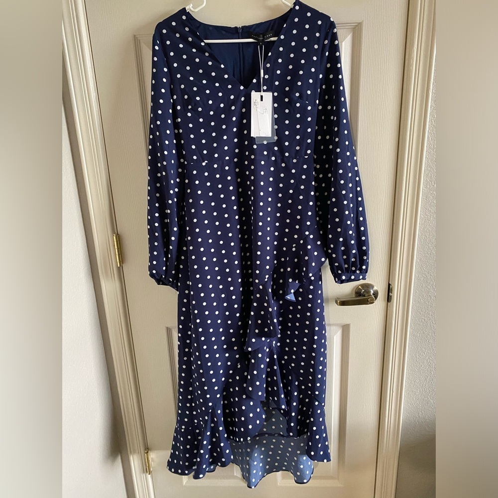 NWT Endless Rose Blue and white Polka Dot Long Sleeve  Dress